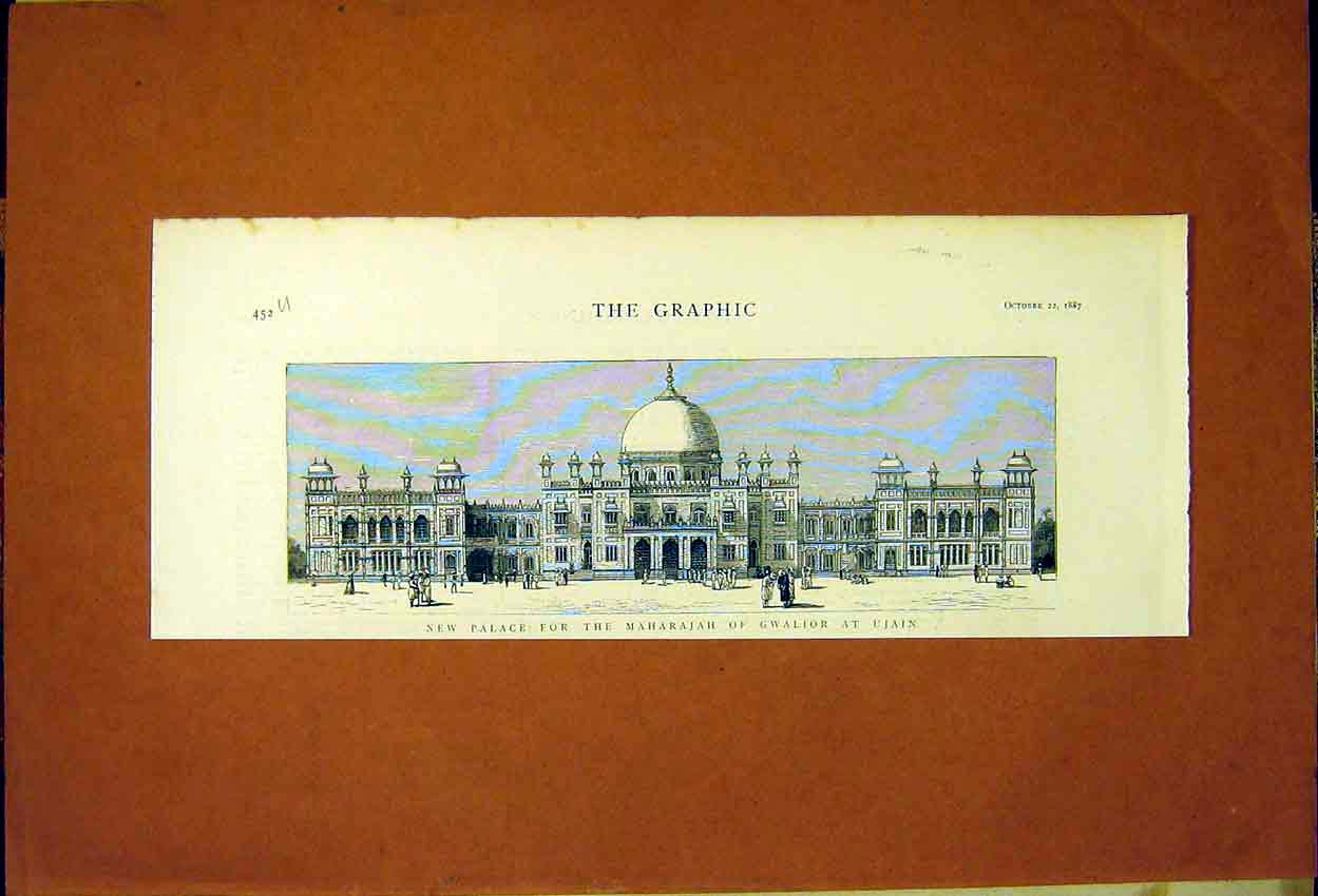 Original Old Antique Print Ref.860 Palace Maharajah Gwalior Ujain Building 1887