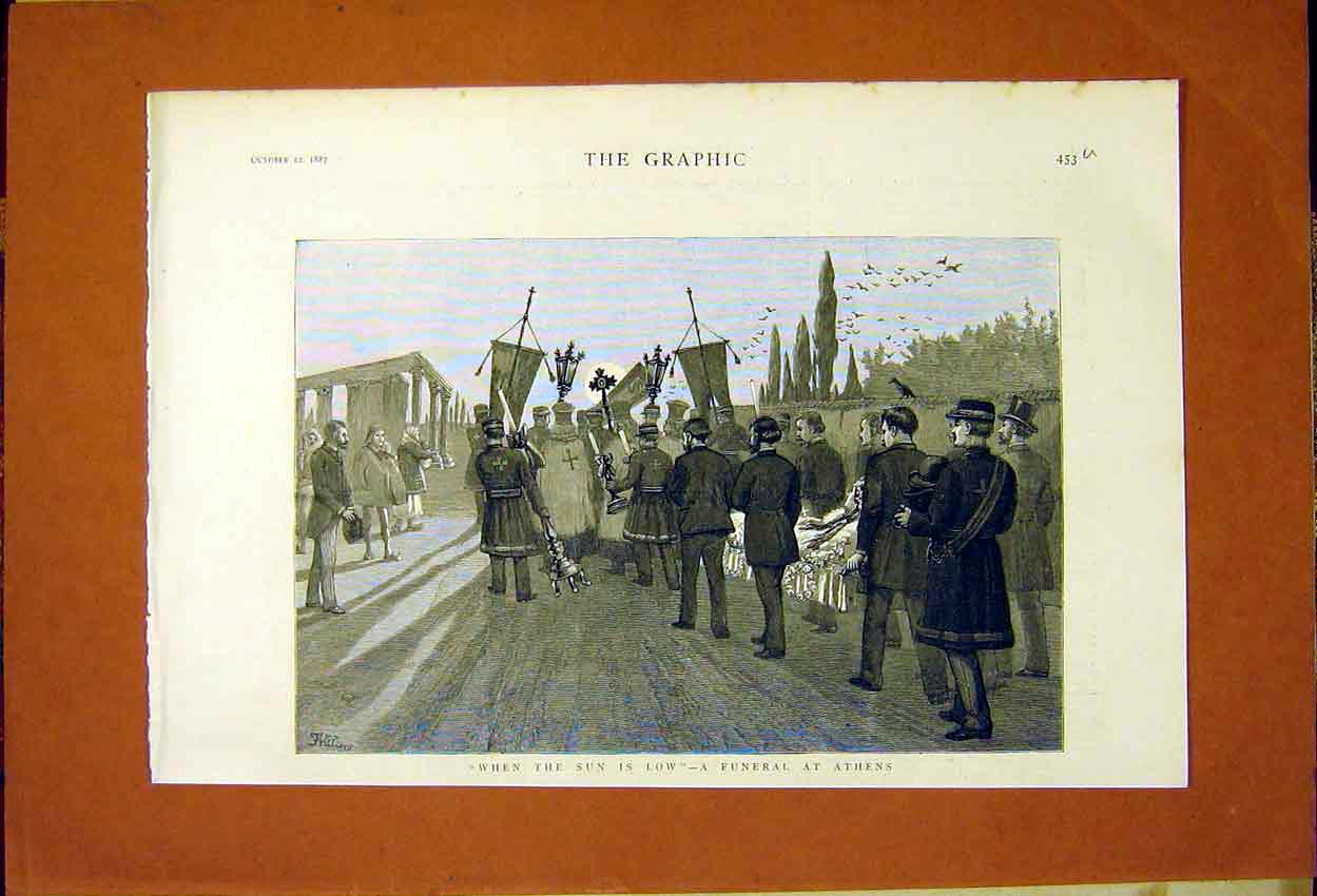 Original Old Antique Print Funeral Athens Sun Low Procession Greece 1887 19th