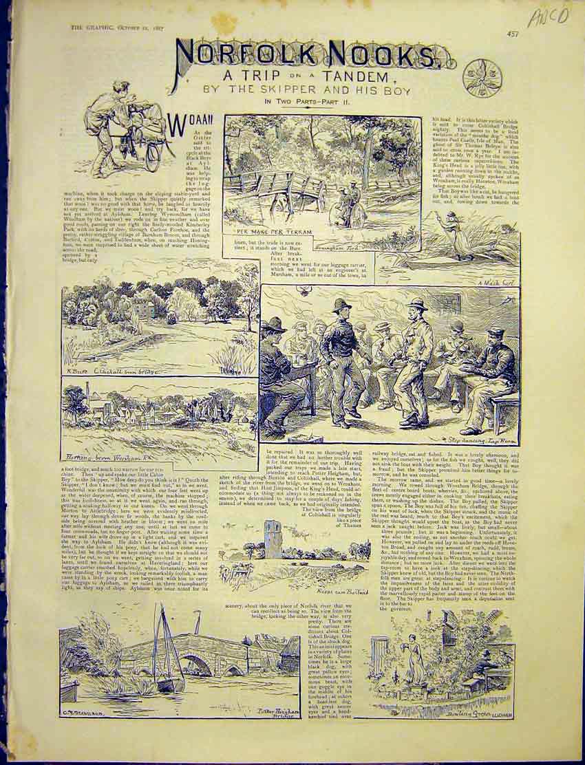 Original Old Antique Print Norfolk Nooks Tandem Staniland Trip Sketches 1887