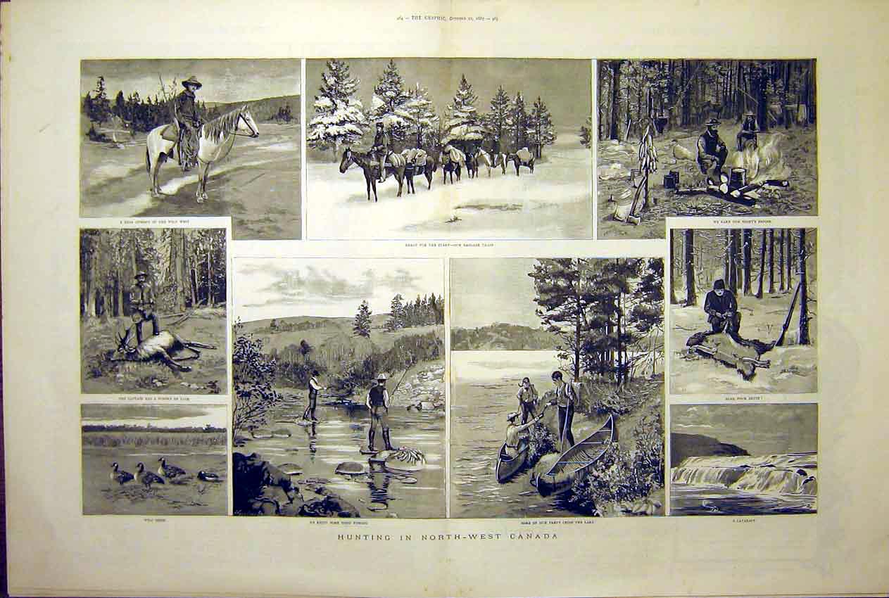 Original Old Antique Print Hunting North-West Canada Lake Fishing Geese 1887