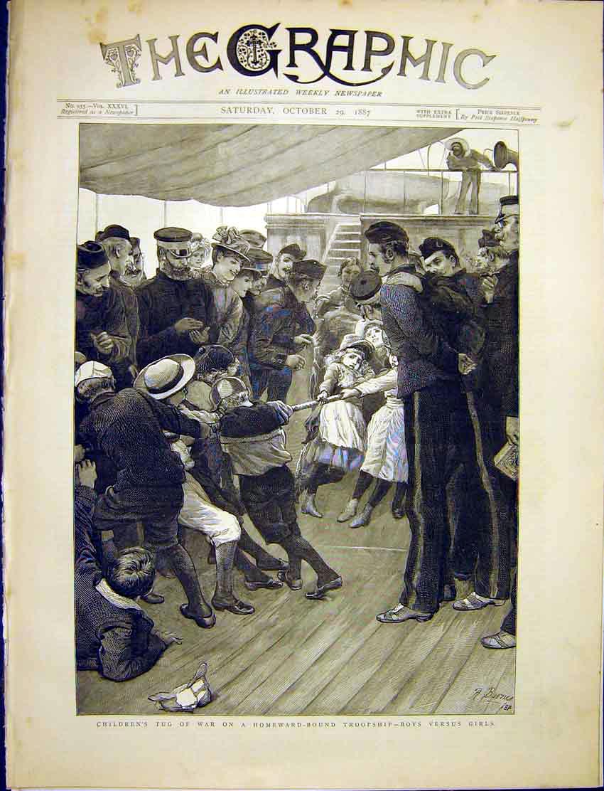 Original Old Antique Print Children Tug-Of-War Troopship Boys Girls 1887 19th