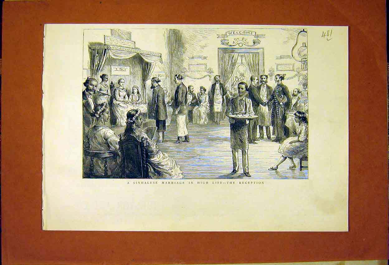 Original Old Antique Print Sinhalese Marriage High Life Reception 1887 19th