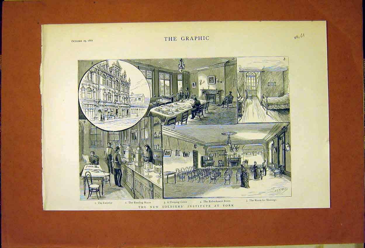 Original Old Antique Print Siers Institute York Room Building 1887 Victorian