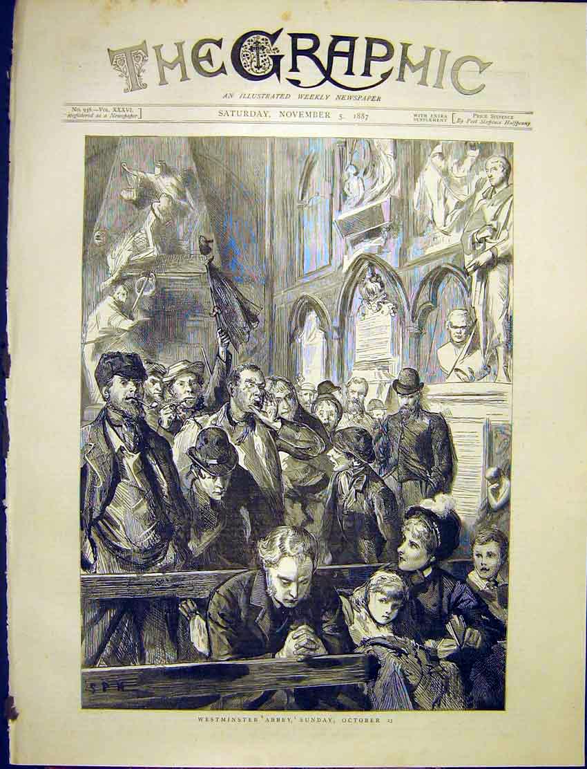 Original Old Antique Print Westminster Abbey Sunday Service 1887 19th