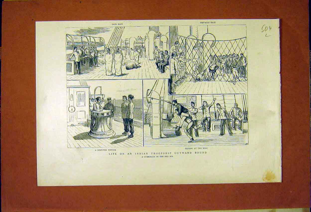 Original Old Antique Print Indian Troopship Gymkhana Red Sea Sport 1887 19th