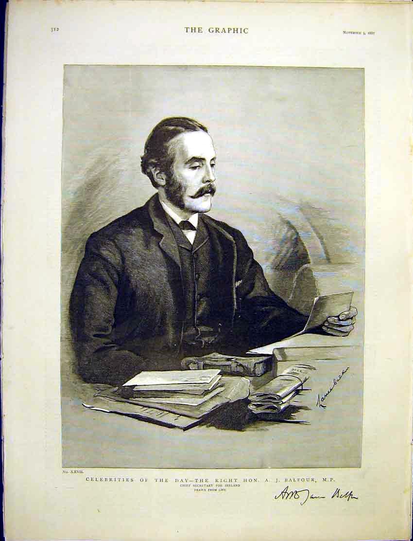 Original Old Antique Print Balfour Portrait Secretary Ireland Fine Art 1887 19th