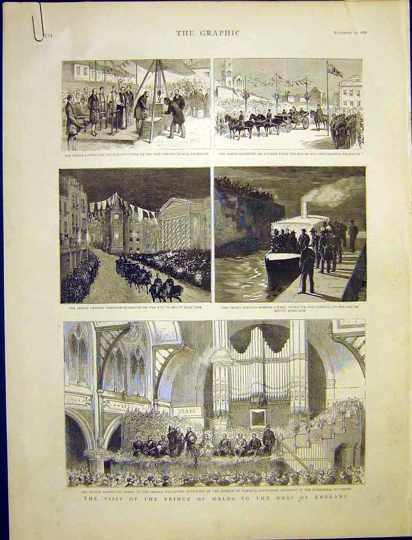 Original Old Antique Print Prince Wales Plymouth Falmouth Devonport Truro 1887