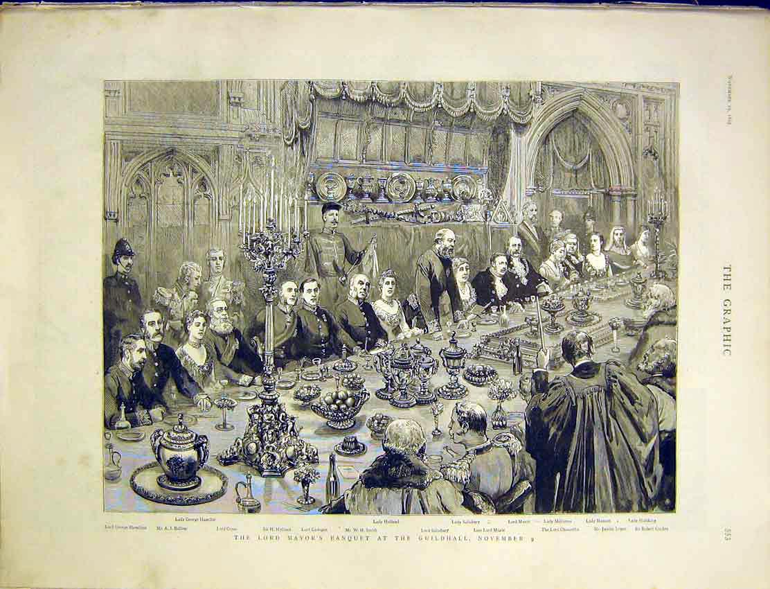 Old Antique Print Mayor Banquet Guildhall Cadogan Balfour Salisbury 1887 19th