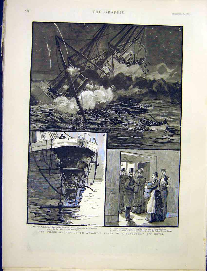 Original Old Antique Print Wreck Dutch Atlantic Liner Scholten Dover Ship 1887