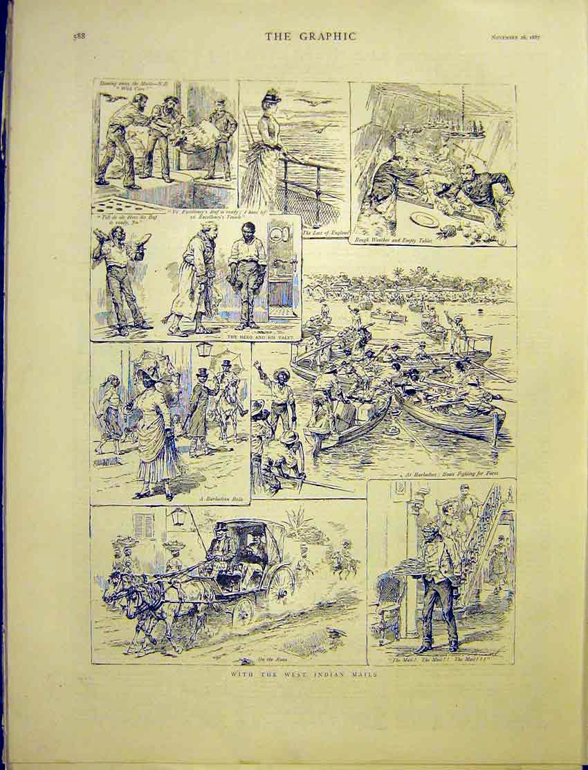 Original Old Antique Print West Indian Mail Sketches Postman 1887 19th