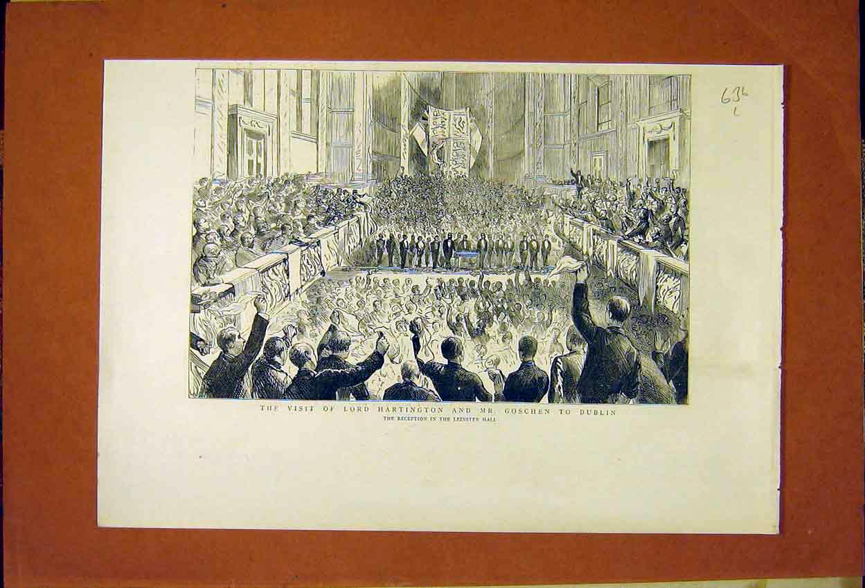 Original Old Antique Print Hartington Goschen Dublin Leinster Hall Ireland 1887