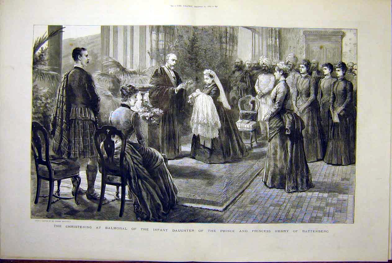 Old Antique Print Christening Balmoral Prince Princess Henry Battenberg