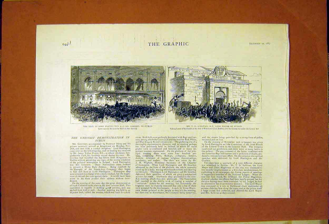 Original Old Antique Print Hartington Goschen Dublin Sullivan Mayor 1887 19th
