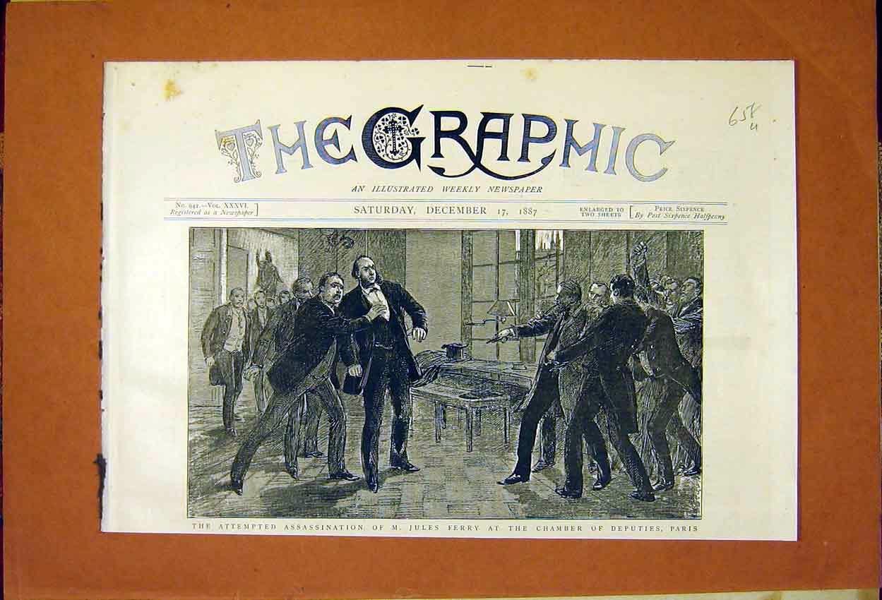 Old Antique Print Assasination Ferry Chamber Deputies Paris France 1887 19th
