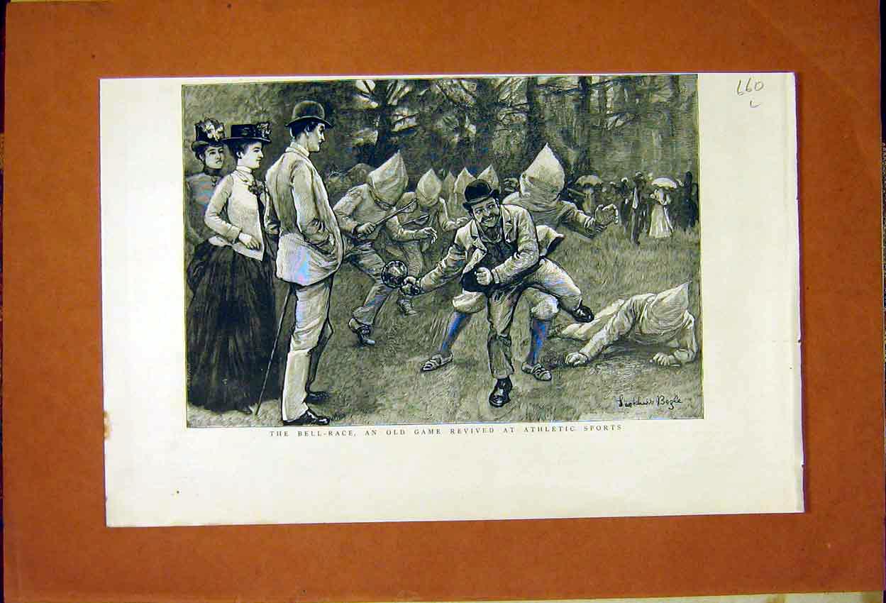 Original Old Antique Print Bell-Race Game Sport Athletic 1887 19th
