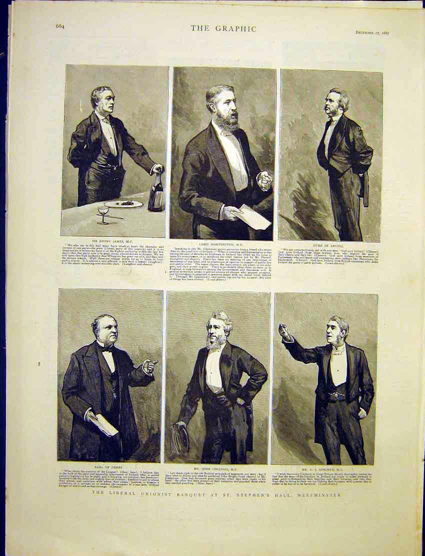Original Old Antique Print Liberal Unionist Banquet Westminster 1887 Hartington