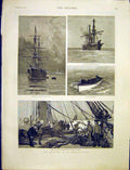 Original Old Antique Print War Manoeuvres Ironclad Sea Boats Ship 1887 Victorian