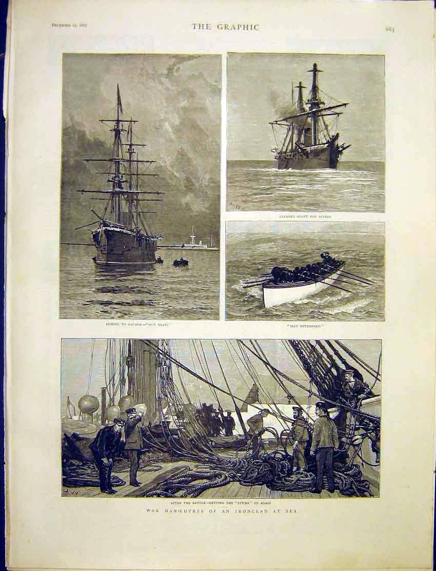 Original Old Antique Print War Manoeuvres Ironclad Sea Boats Ship 1887 Victorian