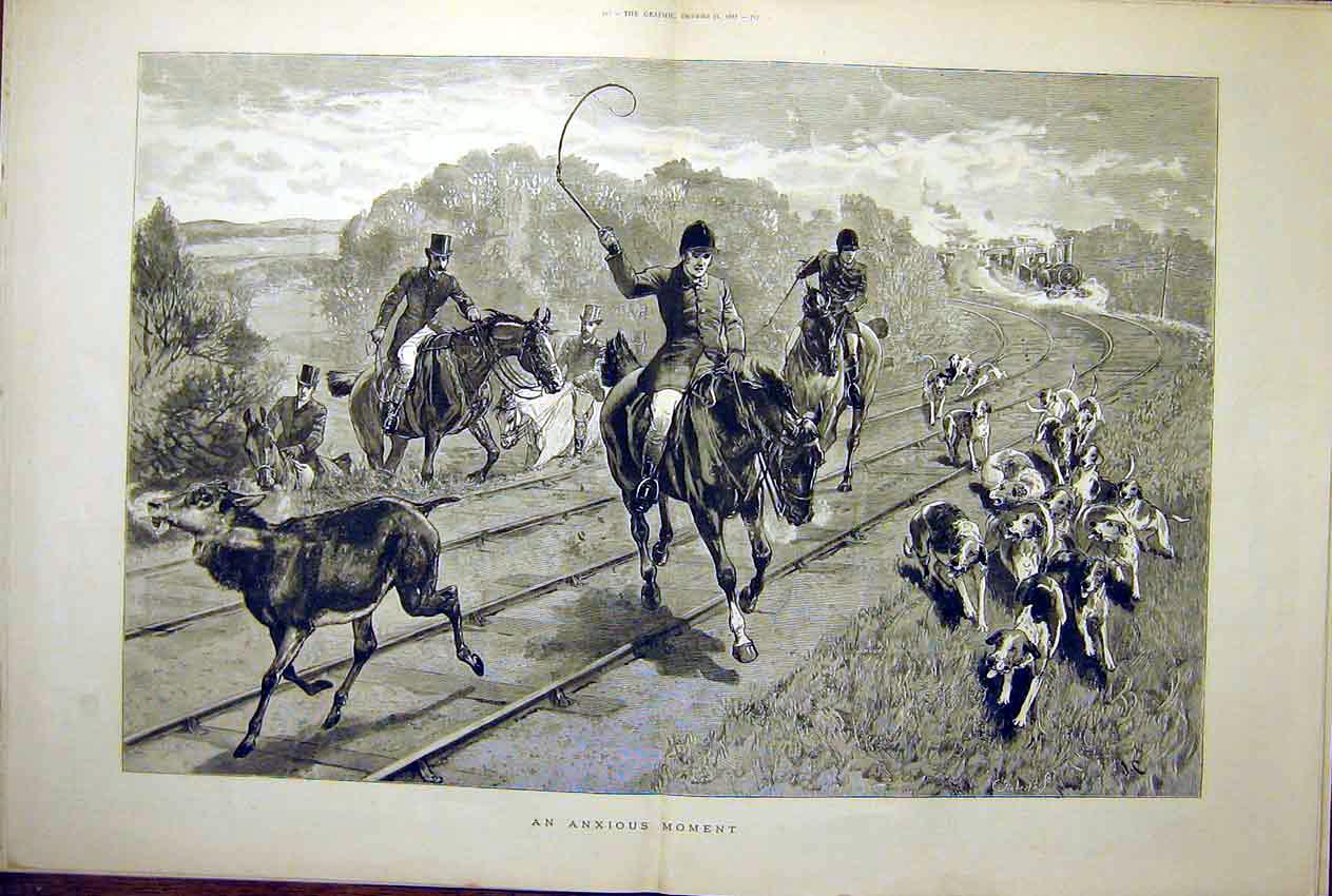 Original Old Antique Print Hunt Hounds Train Railway Dear Hunting Pack 1887