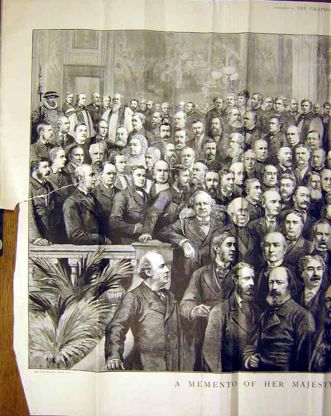 Original Old Antique Print Portrait Memento Queen Jubilee Year Guests 1887 19th