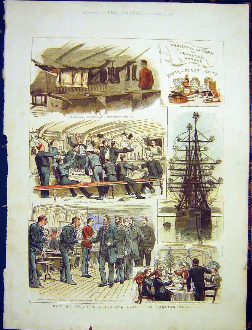 Original Old Antique Print Festive Season Foreign Service Sketches Ironclad 1887