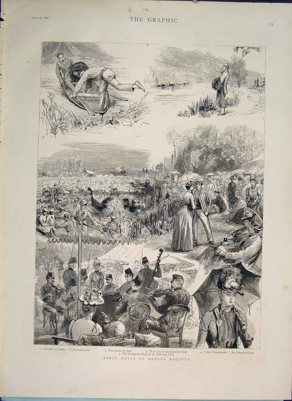 Original Old Antique Print Henley Regatta Sketches Isthmian Club 1889 Victorian