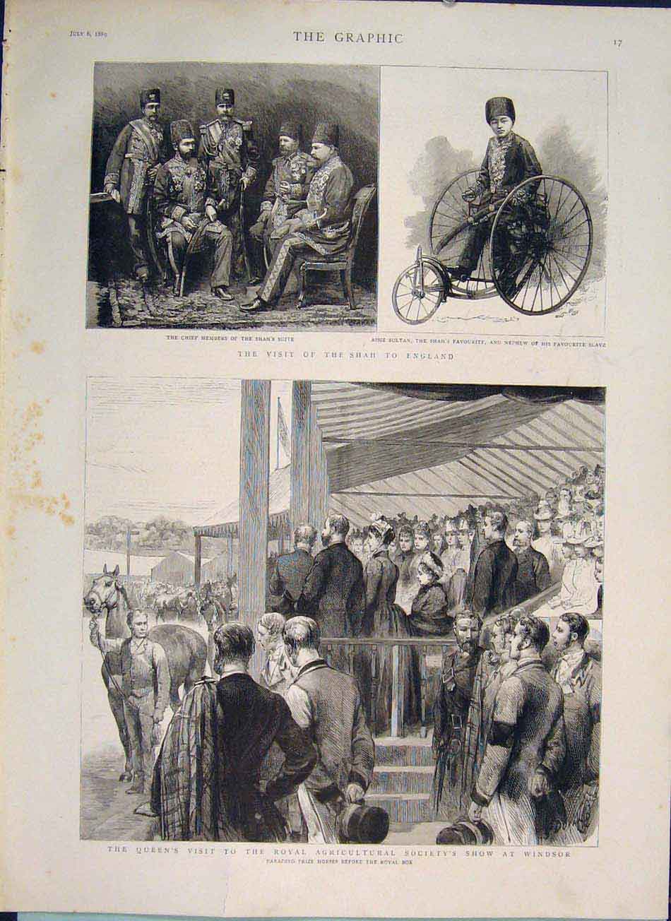 Original Old Antique Print Shah England Royal Agricultural Show Windsor Horses
