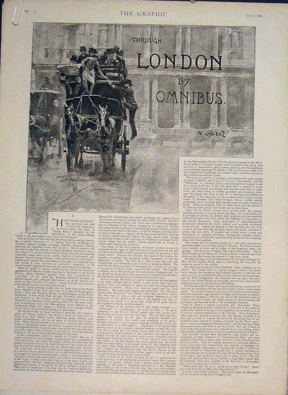 Original Old Antique Print London Omnibus Fleet Street St Dunstan'S 1889 19th