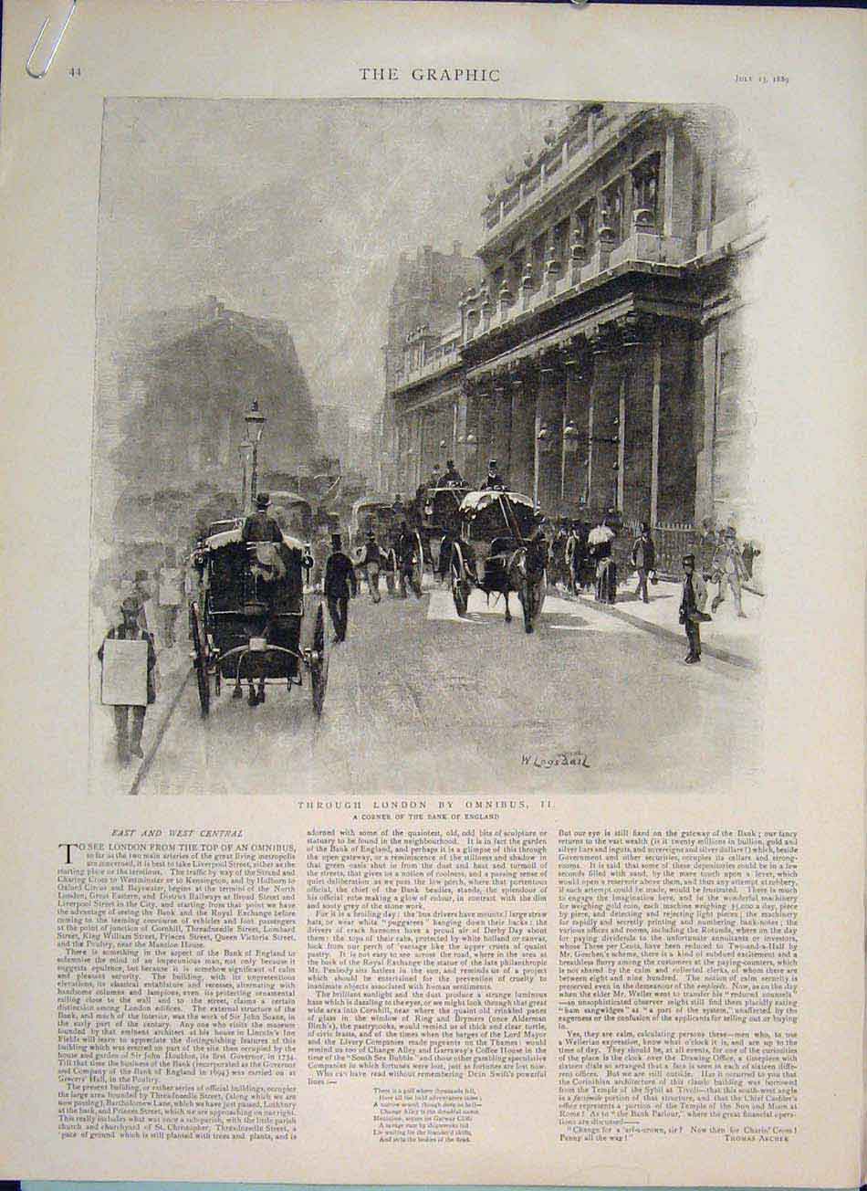Original Old Antique Print Omnibus London Bank England Statue Wellington 1889