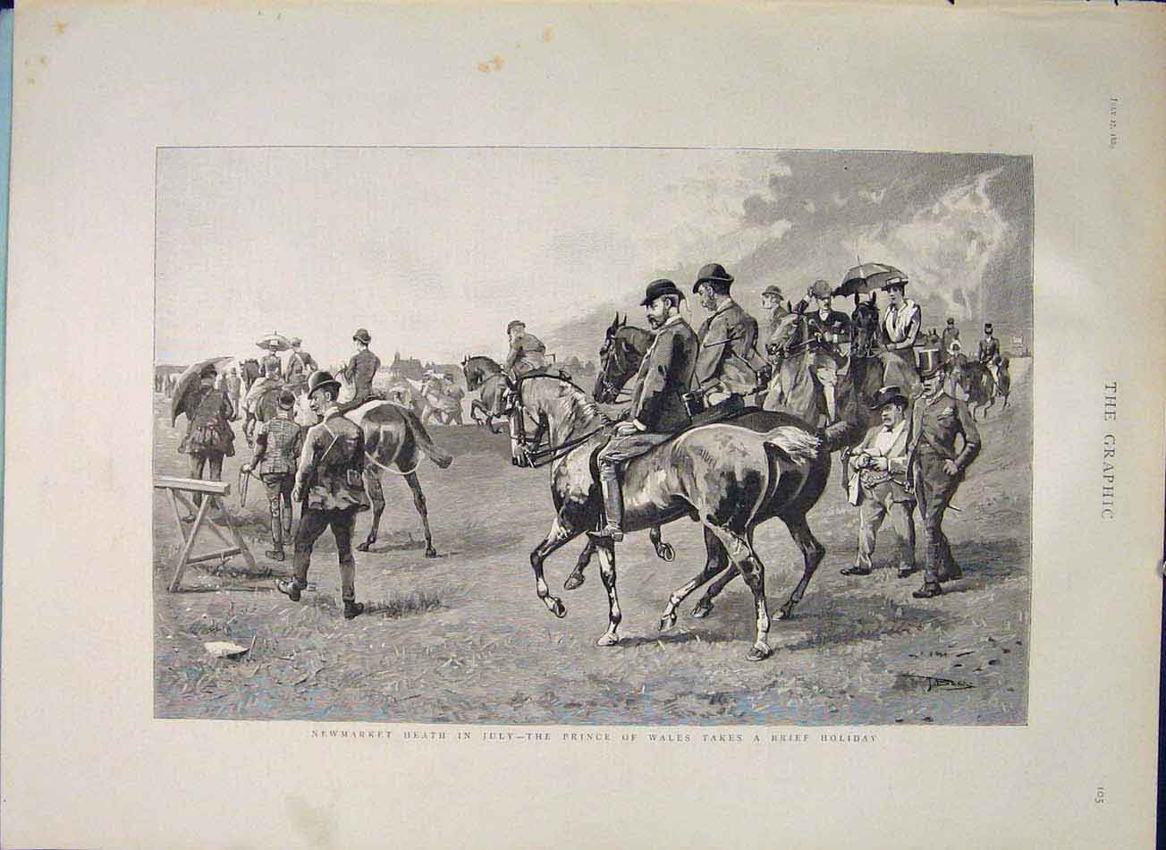 Original Old Antique Print Newmarket Heath Prince Wales Holiday Horse 1889 19th