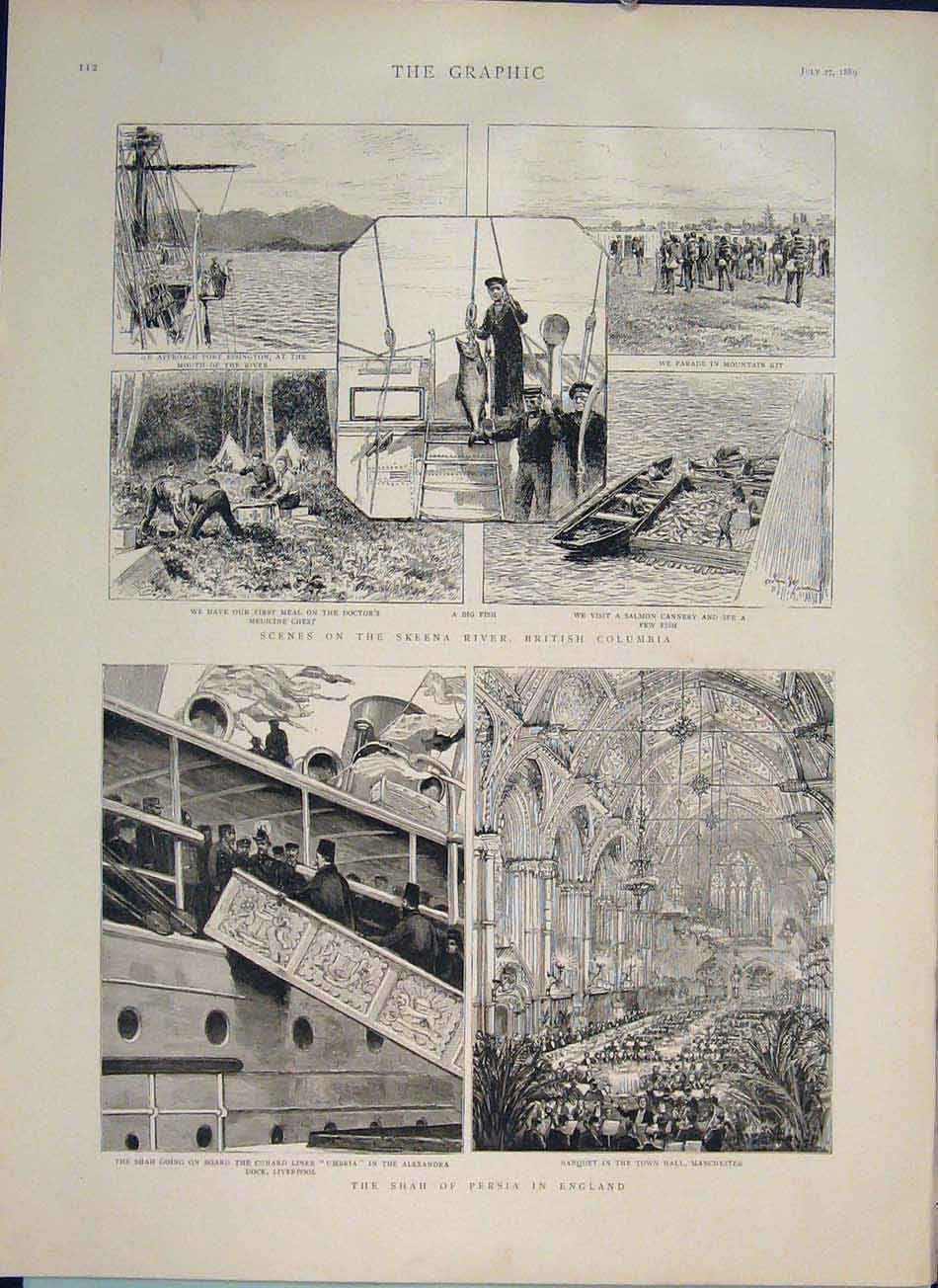 Original Old Antique Print Skeena River British Columbia Shah Persia Manchester