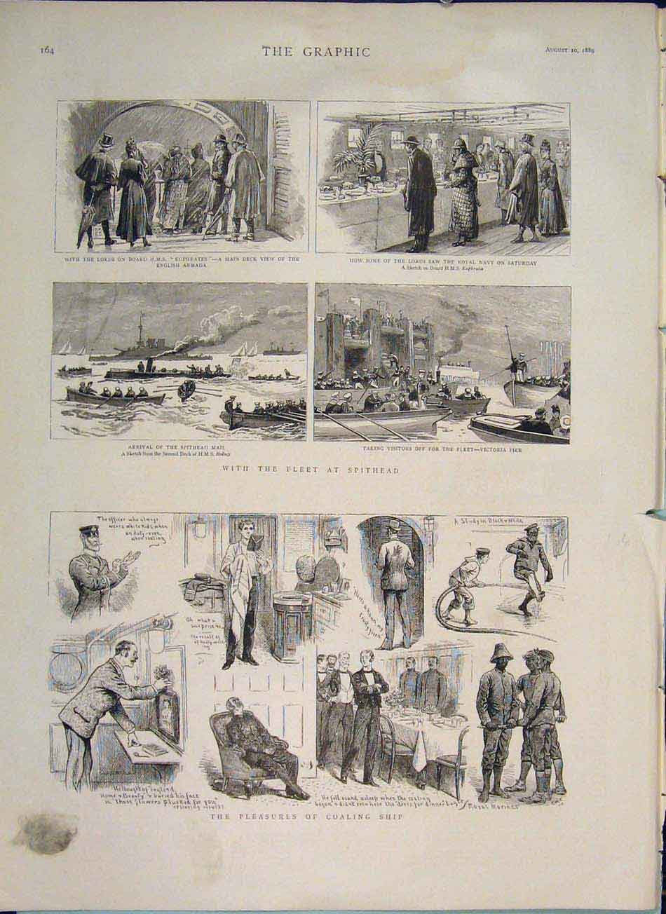 Original Old Antique Print Hms Euphrates Navy Fleet Spithead Pier Coaling Ship