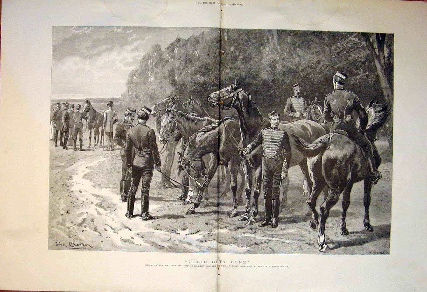 Original Old Antique Print Cavalry Artillery Horses Examination Charlton 1889