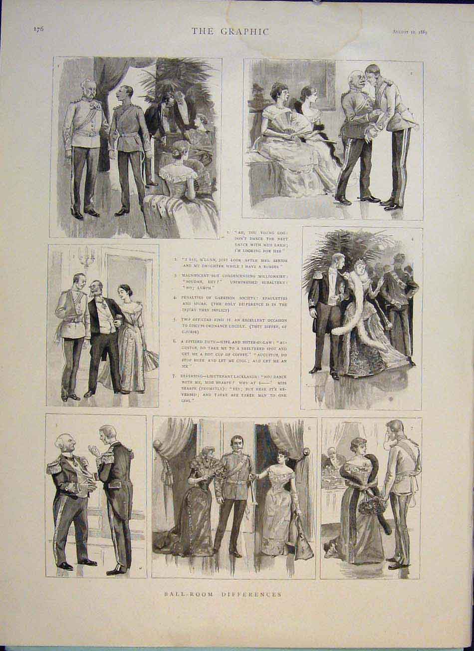Original Old Antique Print Ball Room Differences Garrison Offficers 1889 19th