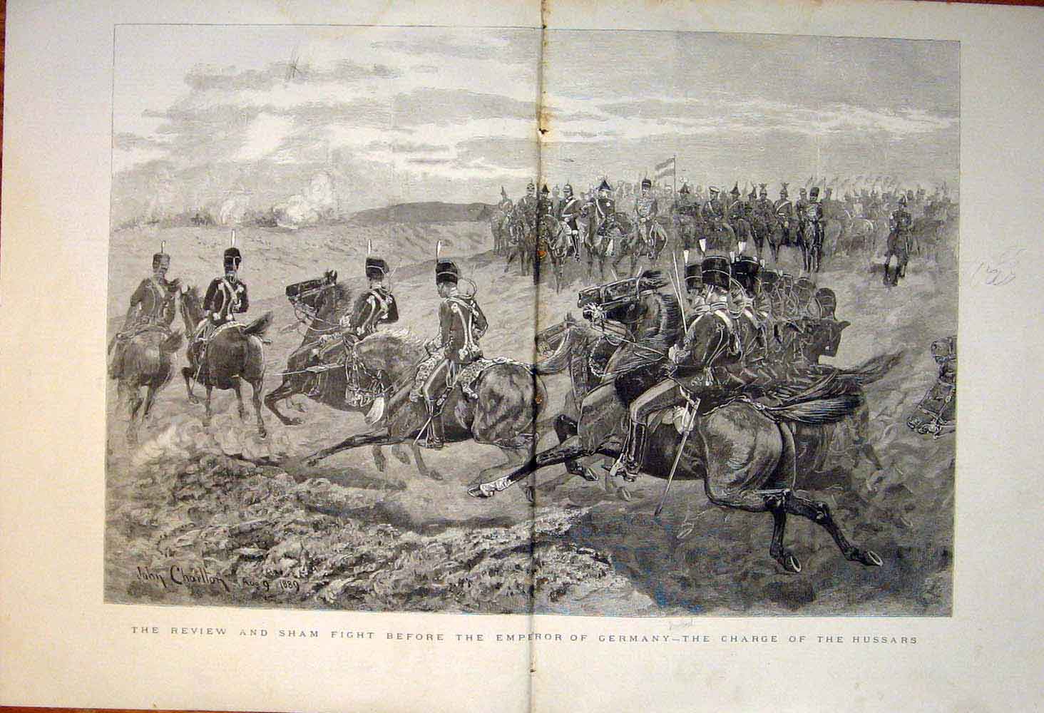 Old Antique Print Charge Hussars Emperor Germany Review Sham Fight 1889 19th