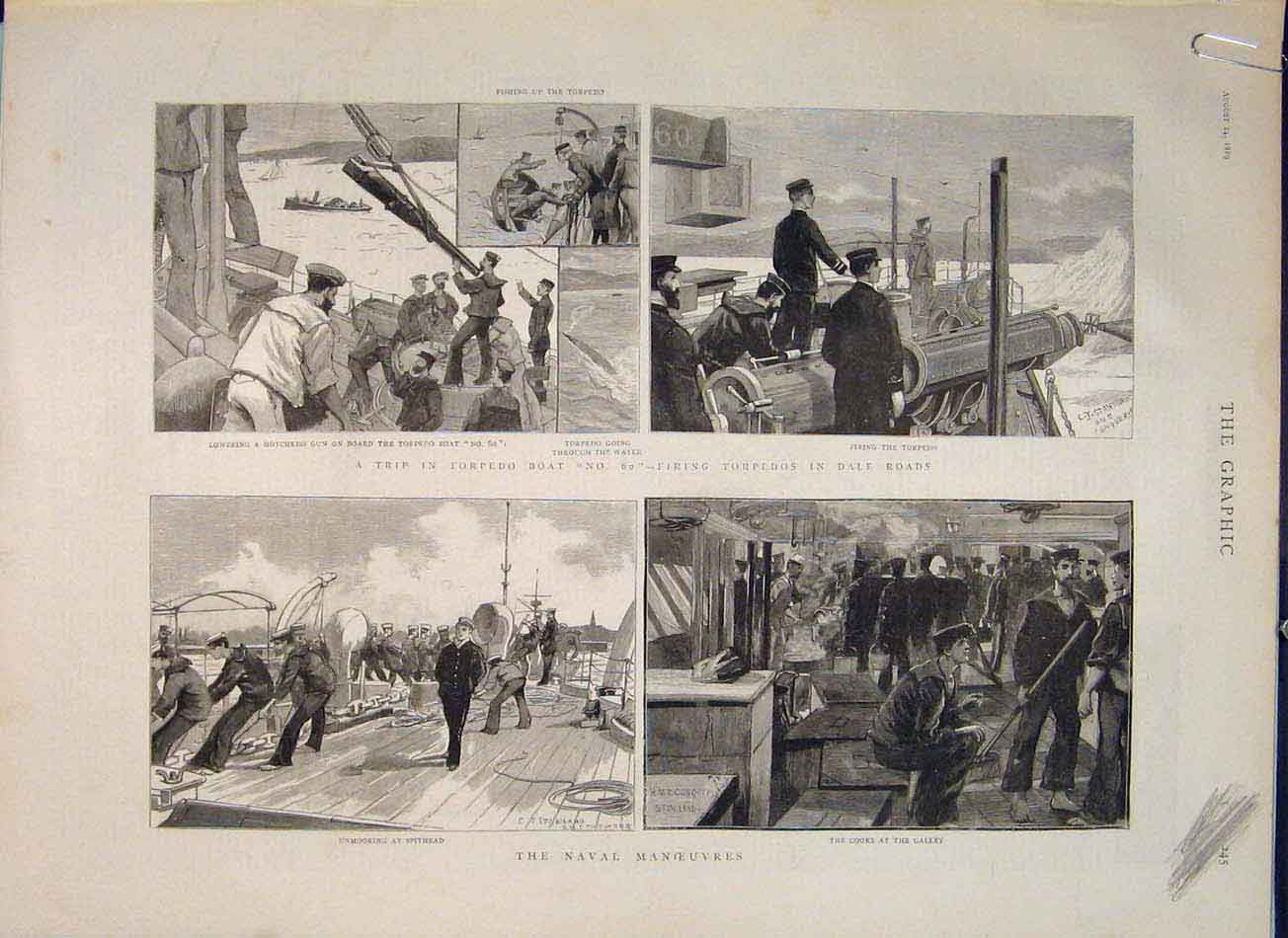 Old Antique Print Naval Manoeuvres Torpedo Boat Hms Conqueror Boat 1889 19th