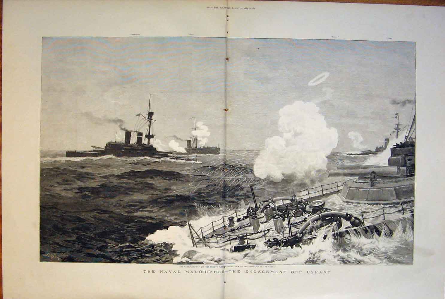 Old Antique Print Naval Manoeuvres Engagement Ushant Camperdown Hero Ship