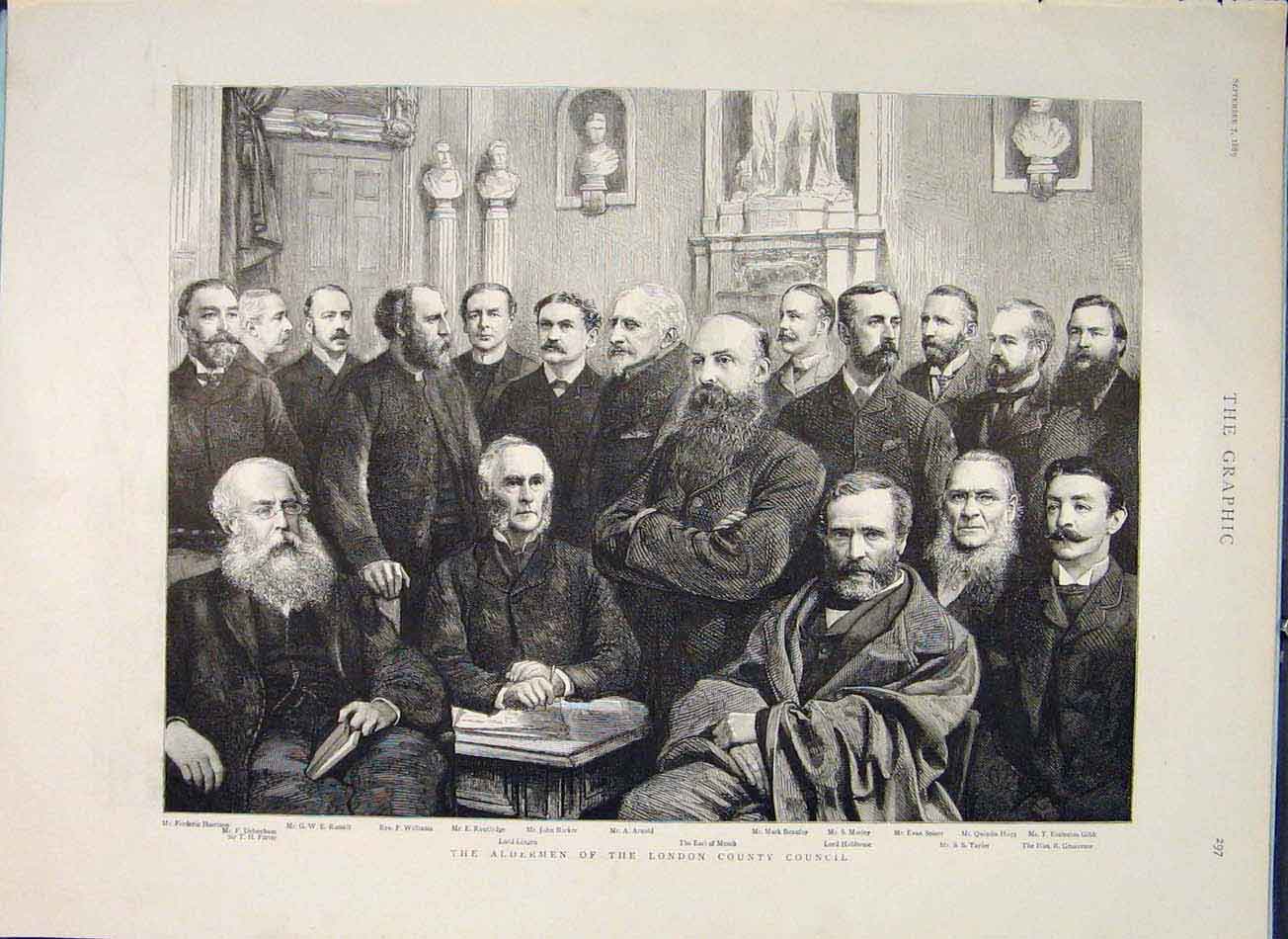 Original Old Antique Print Aldermen London County Council Portrait 1889 19th