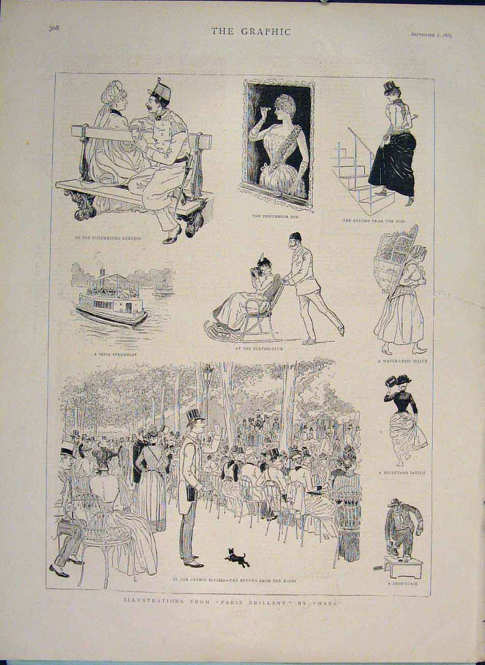 Old Antique Print Paris Brilliant Mars Sketches Champs Elysees Seine 1889 19th