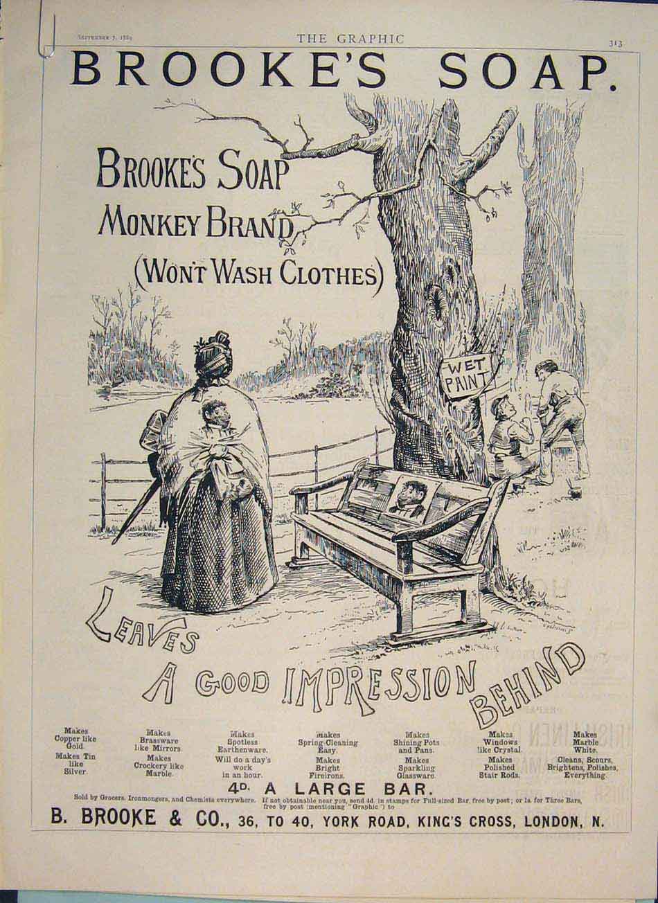 Original Old Antique Print Brookes Soap Advert Advertisement Monkey Brand 1889