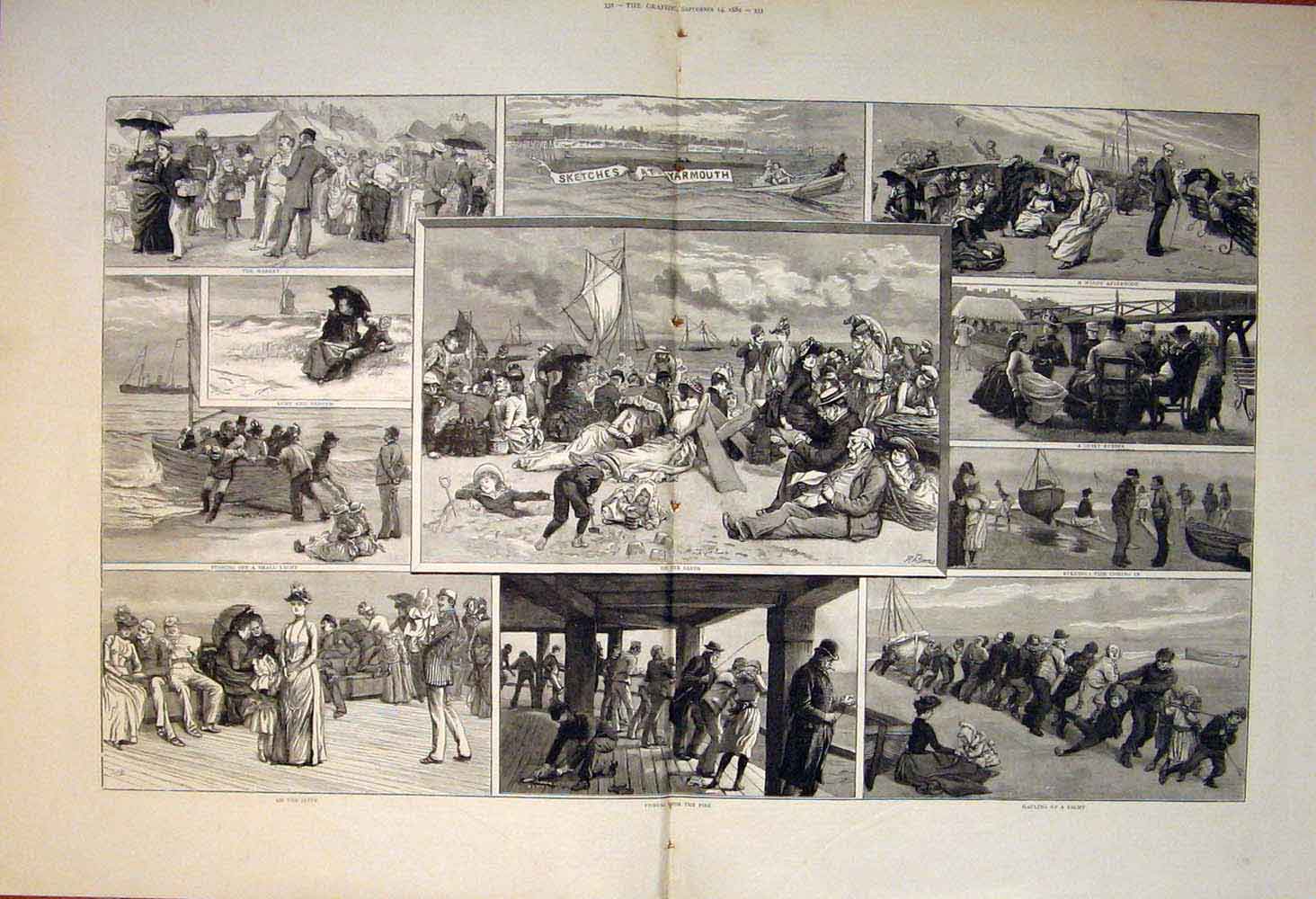 Original Old Antique Print Sketcches Yarmouth Yacht Jetty Market 1889 Victorian