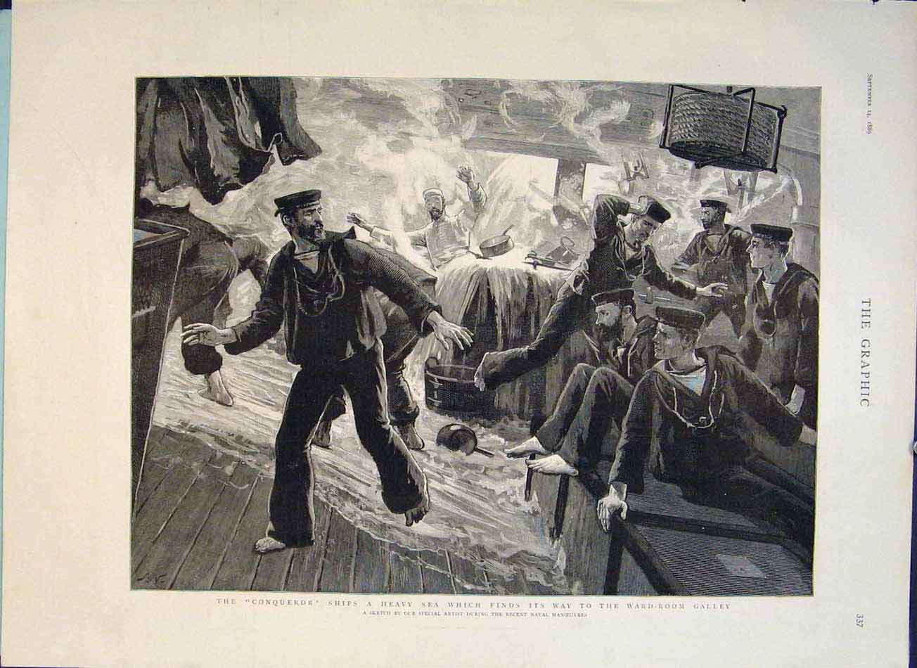 Original Old Antique Print Conqueror Ships Naval Manoeuvres Sea Ship 1889 19th