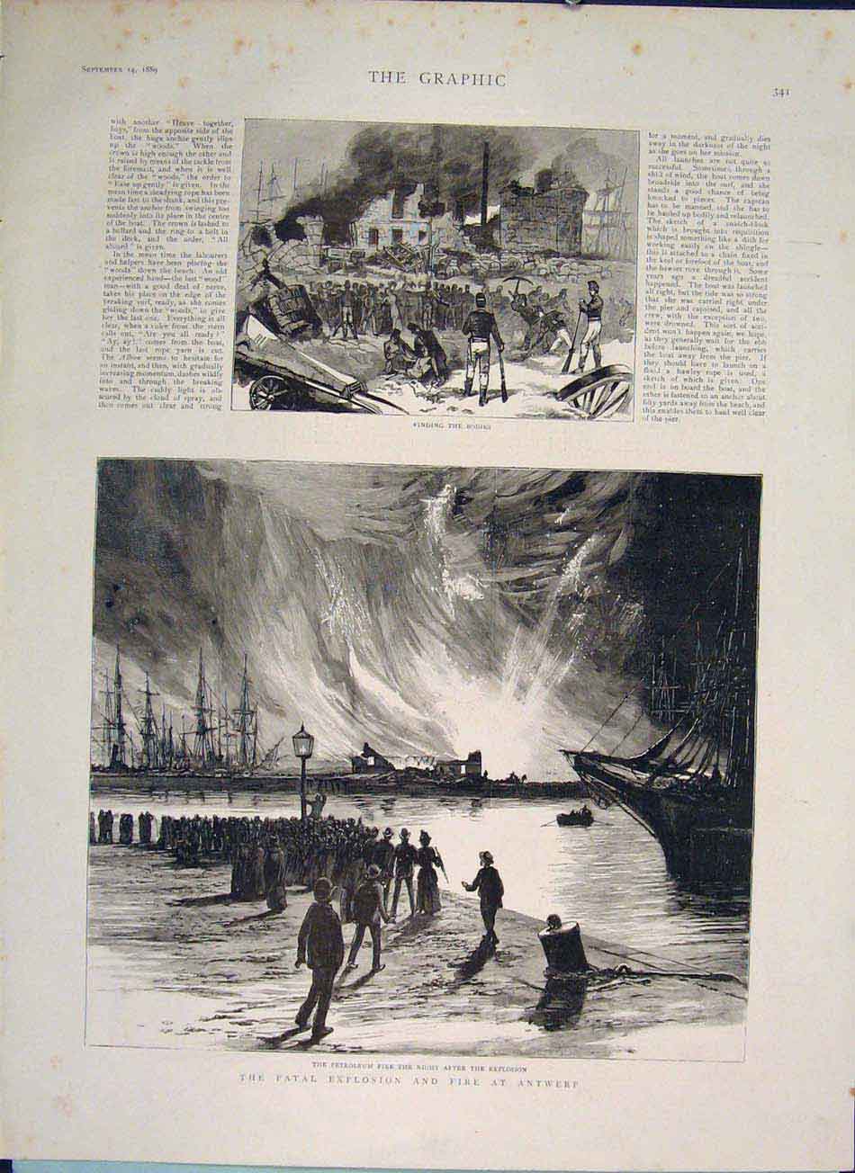 Original Old Antique Print Fatal Explosion Fire Antwerp Holland 1889 Victorian