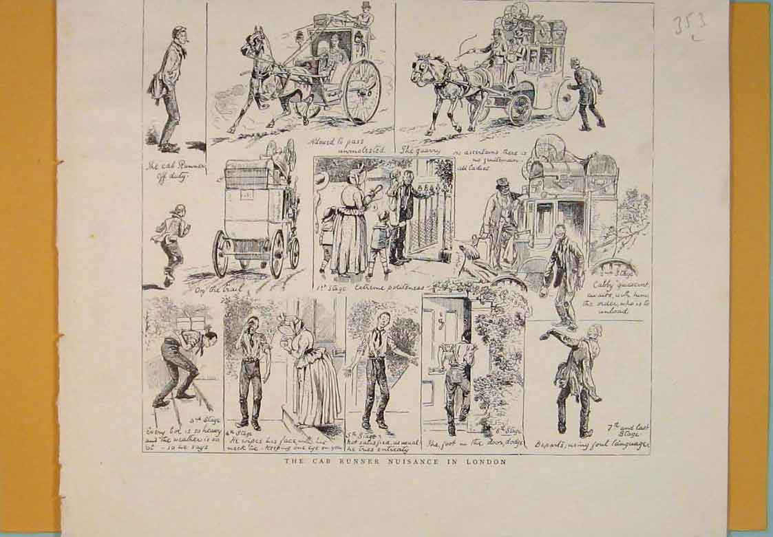 Original Old Antique Print Cab Runner Nuisance London Sketches 1889 Victorian