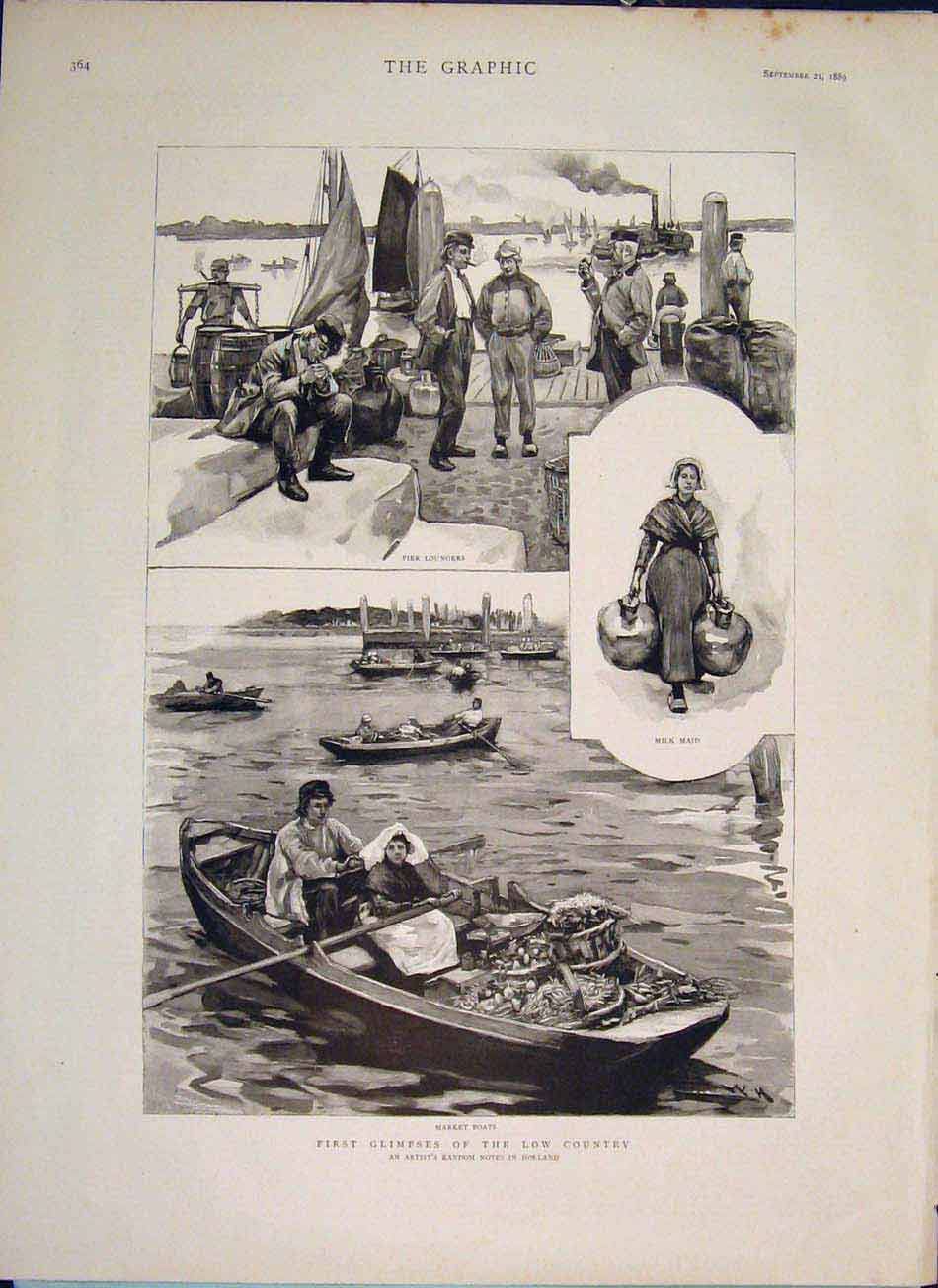 Original Old Antique Print Holland Sketches Pier Milk Maid Market Boats 1889
