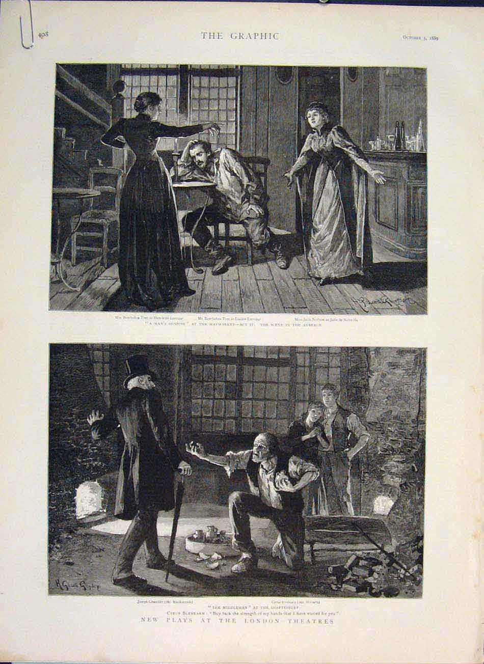 Original Old Antique Print London Theatre Shaftsbury Haymarket Lyceum 1889 19th