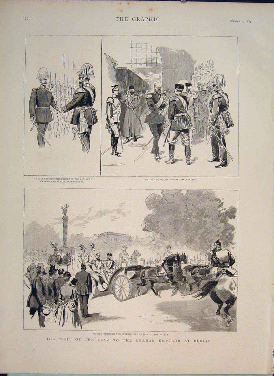 Original Old Antique Print Czar German Emperor Berlin Visit 1889 19th