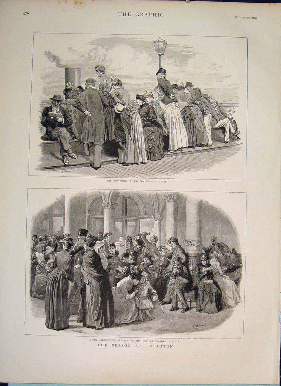 Original Old Antique Print Season Brighton Boat Pier Shelter 1889 19th