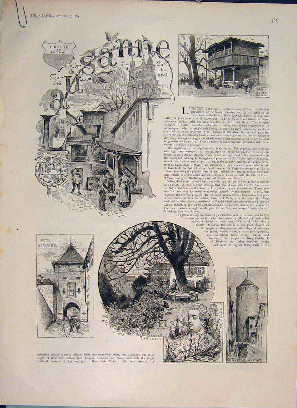 Original Old Antique Print Lausanne Switzerland Church Peasant Cart 1889 19th