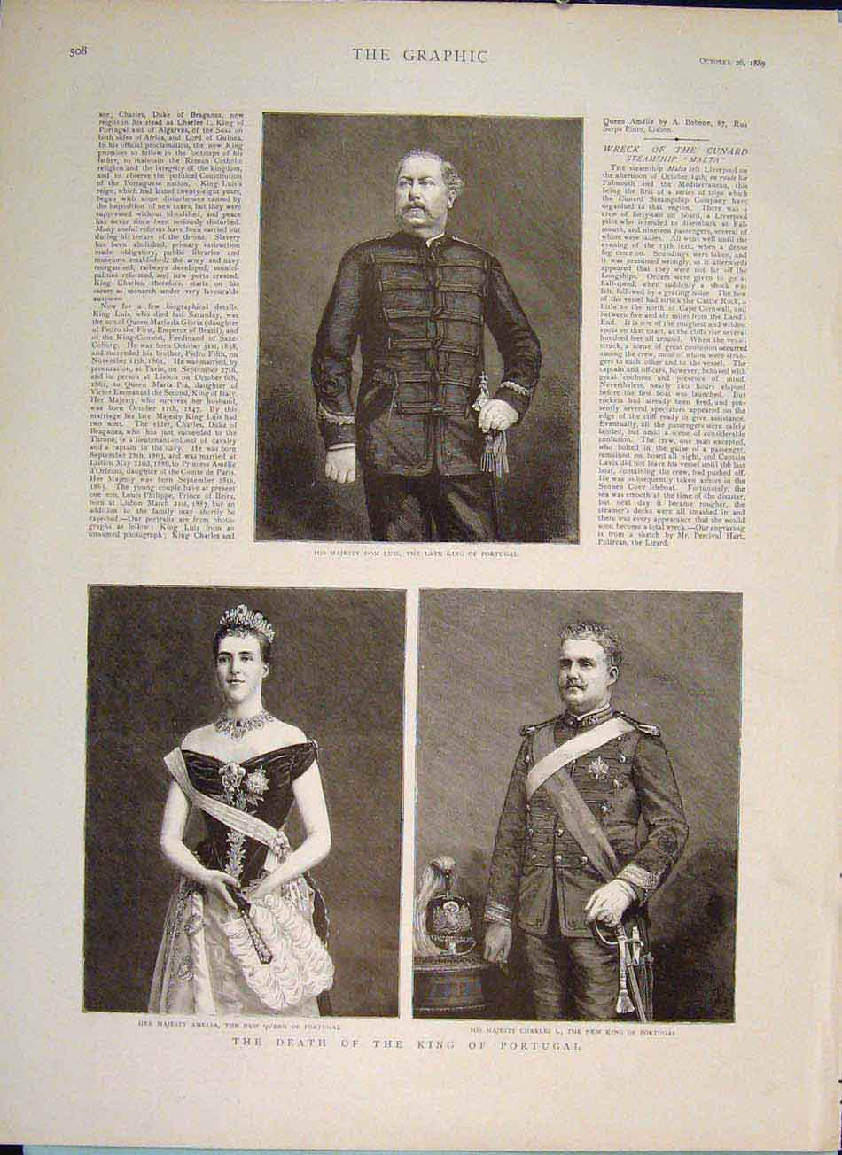 Old Antique Print Portrait Dom Louis King Portugal Amelia Charles I 1889 19th